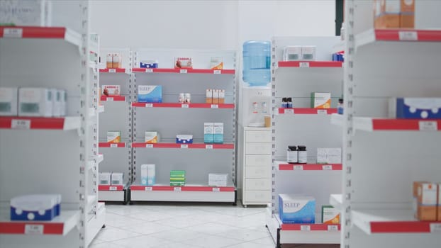 Empty drugstore equipped with medical supplies and products products, vitamins and healthcare nutrients. Pharmacy shelves full of prescription medicine for customers, insurance services.