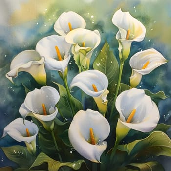 A painting of a giant white arum lily, a terrestrial plant with green leaves, displayed on a blue background. This artwork showcases the beauty of a flowering plant through art paint