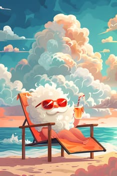 Santa Claus is relaxing in a beach chair under the azure sky, enjoying a drink, surrounded by outdoor furniture and the soothing sound of the water
