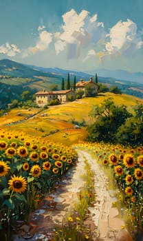 A breathtaking painting capturing a dirt road winding through a field of vibrant sunflowers under a clear blue sky, surrounded by mountains