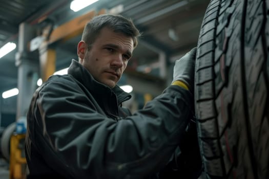 tire at repairing service garage background. Technician man replacing winter and summer tire for safety road trip. Transportation and automotive maintenance concept.