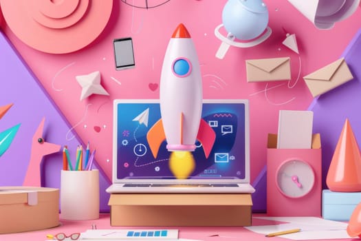 A cartoonish drawing of a rocket launching with a box on the desk. The box contains a laptop and a few pens. The image has a playful and creative vibe, with the rocket.