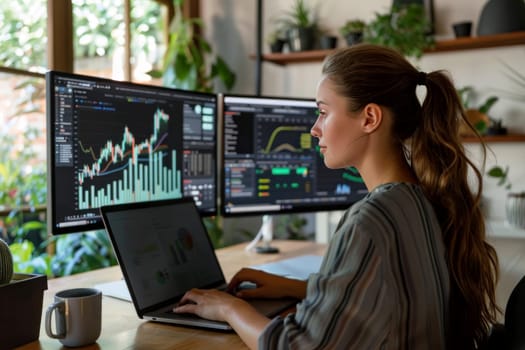 A woman is sitting at a desk with two computer monitors and a laptop.