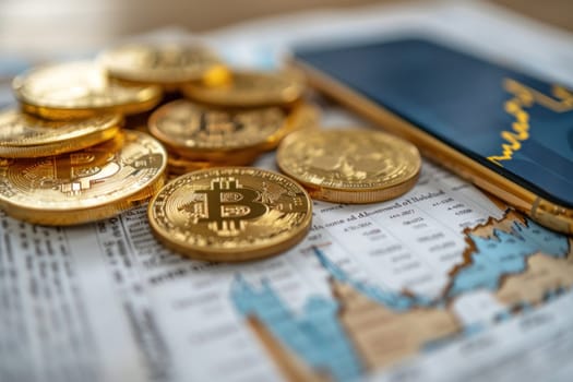 A phone and a pile of gold coins sit on a table.