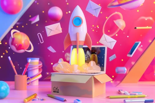 A cartoonish drawing of a rocket launching with a box on the desk. The box contains a laptop and a few pens. The image has a playful and creative vibe, with the rocket.