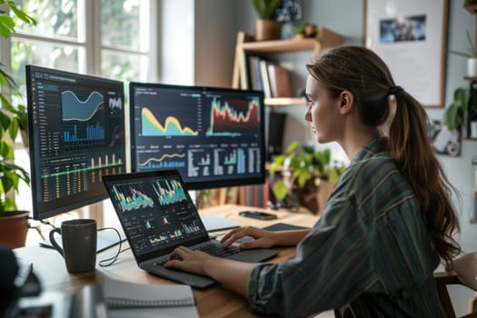 A woman is sitting at a desk with two computer monitors and a laptop.