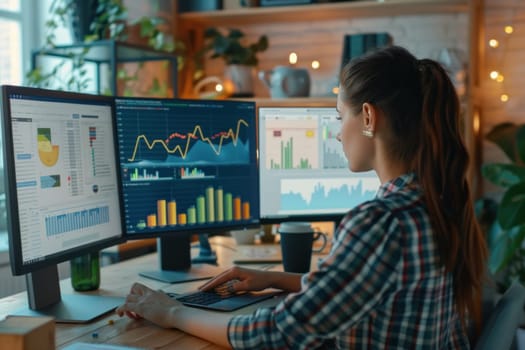 A woman is sitting at a desk with two computer monitors and a laptop.