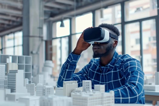 Concept futuristic design. Man is African american Architect or Engineer wearing VR headset for working design.