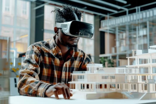 Concept futuristic design. Man is African american Architect or Engineer wearing VR headset for working design.