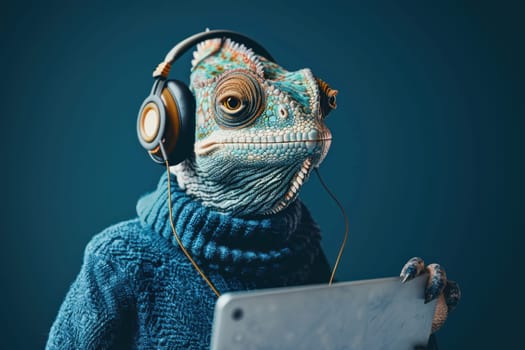 A lizard wearing headphones and holding a tablet. The lizard is wearing a blue sweater and he is listening to music
