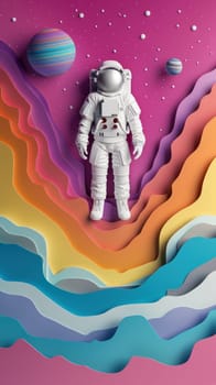 A colorful paper cutout of a man in a spacesuit standing in front of a colorful.