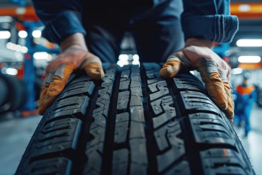 tire at repairing service garage background. Technician man replacing winter and summer tire for safety road trip. Transportation and automotive maintenance concept.