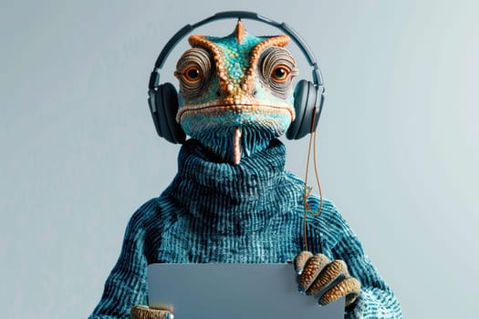 A lizard wearing headphones and holding a tablet.