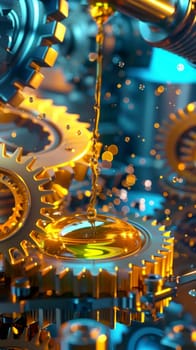 A machine is pouring a thick, golden liquid onto a gear.