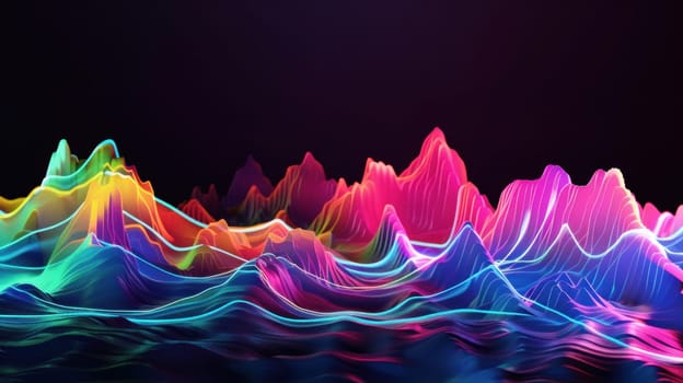 A colorful wave of light is projected onto a black background. The colors are vibrant and the wave appears to be moving. Scene is energetic and dynamic