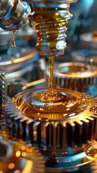 A machine is pouring a thick, golden liquid onto a gear. Concept of industrial activity and the importance of lubrication in machinery