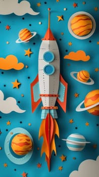 A paper rocket is flying through space with planets and stars surrounding it.