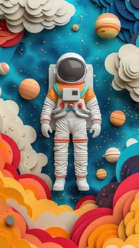 A colorful paper cutout of a man in a spacesuit standing in front of a colorful.