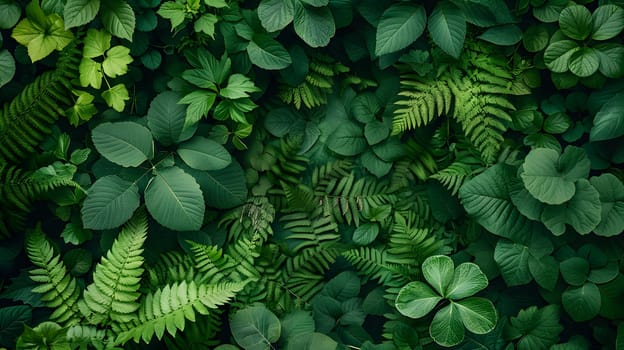 A closeup view of lush green leaves of a terrestrial plant growing on a wall, adding a touch of natural beauty to the landscape