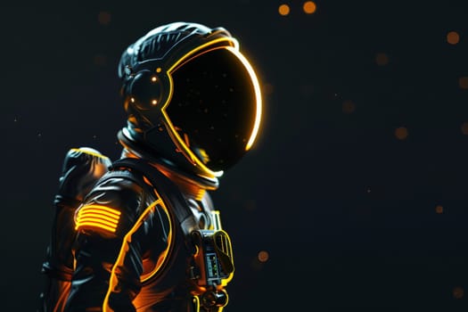 Neon astronaut in space suit with glowing lights isolated on black background, Generative AI.