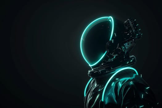 Neon astronaut in space suit with glowing lights isolated on black background, Generative AI.