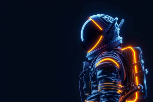 Neon astronaut in space suit with glowing lights isolated on black background, Generative AI.