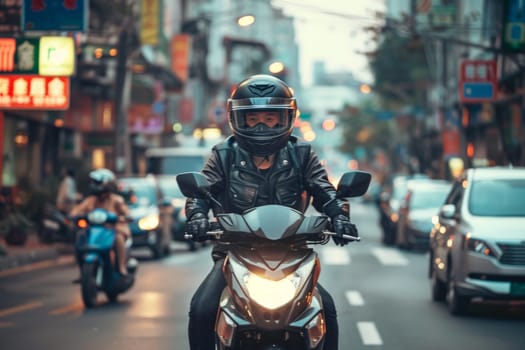 A motorcycle riding in the city with blurred motion, motorcycle on the road, Generative AI.