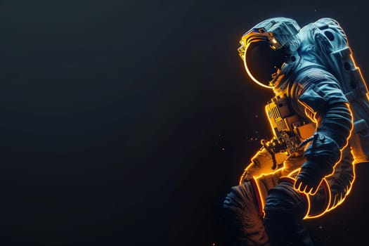 Neon astronaut in space suit with glowing lights isolated on black background, Generative AI.