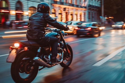 A motorcycle riding in the city with blurred motion, motorcycle on the road, Generative AI.