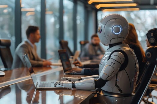 People and artificial intelligence futuristic robot working together in office, Generative AI.