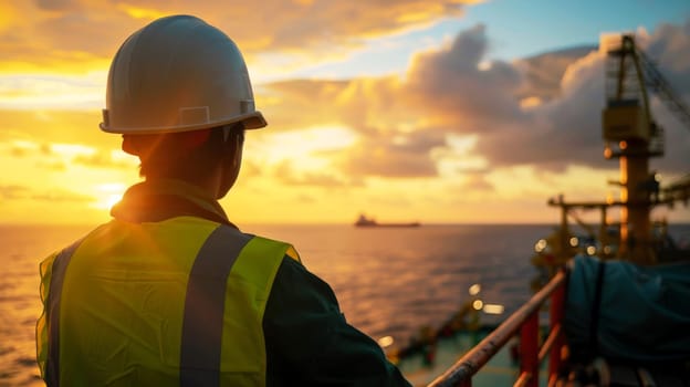 oil worker wearing a new safety helmet standing on offshore platform. ai generative.