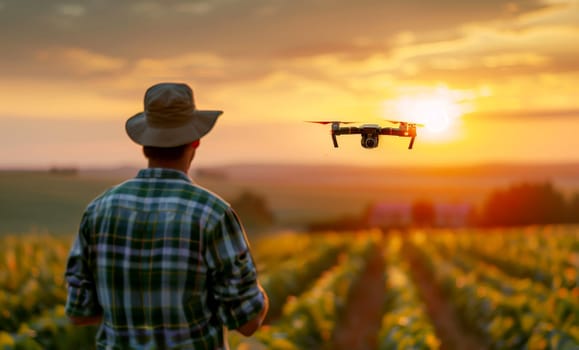 Man controlling drone in smart agriculture farm, smart farm concept. ai generative.