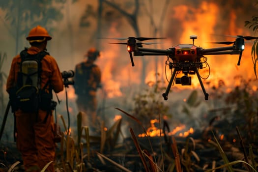 fire fighter controlling drone in fire forest, smart IOT concept. ai generative.