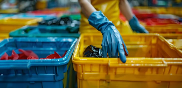 gloved hands woman throwing garbage into a trash can. Generative AI.