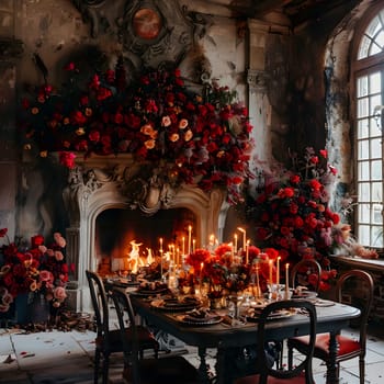 A dining room with a table and chairs by the window, fireplace adorned with red flowers and candles. The room is beautifully decorated with Christmas flowers and plants
