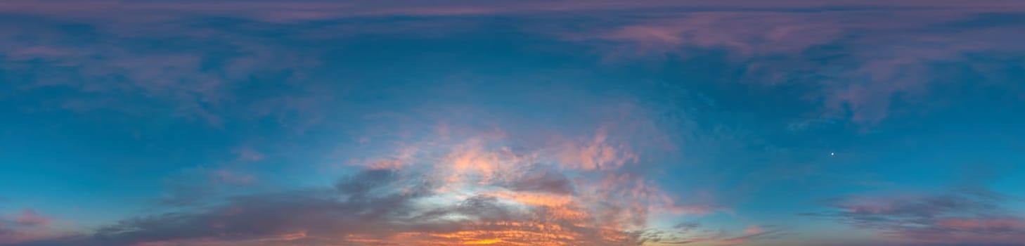 Sky panorama on sunset with Stratocumulus clouds in Seamless spherical equirectangular format as full zenith for use in 3D graphics, game and in aerial drone 360 degree panoramas for sky replacement.