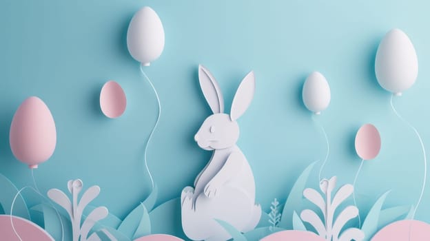 A cute paper Easter rabbit is surrounded by colorful Easter eggs, fluffy clouds, blooming flowers, and floating balloons in a joyful event of happiness AIG42E