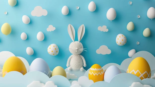 A cute paper Easter rabbit is surrounded by colorful Easter eggs, fluffy clouds, blooming flowers, and floating balloons in a joyful event of happiness AIG42E