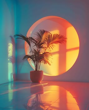 A houseplant in a vase sits on a wooden table with the suns heat streaming through the window, casting tints and shades on the leaves and twigs