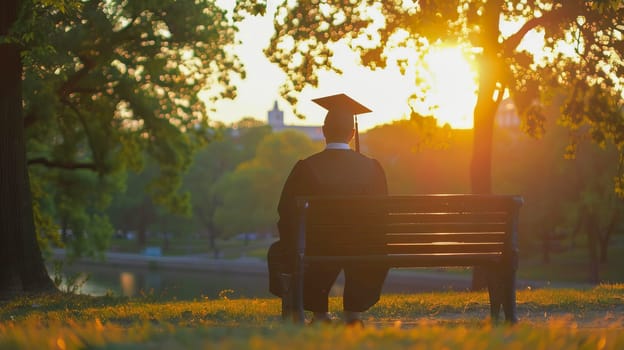 A graduate sits alone on a bench, watching the sunset and contemplating the path forward in a quiet park. AI generated.