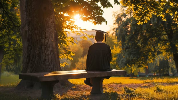 A graduate sits alone on a bench, watching the sunset and contemplating the path forward in a quiet park. AI generated.