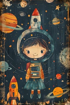 A cartoon girl in a space suit, with a unique hair pattern, surrounded by planets, rockets, and other space toys in a painting illustration