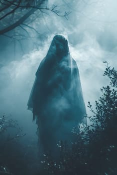 A ghost lurks in the misty fog of a dark forest, surrounded by eerie trees and plants. The sky above is a deep electric blue, creating a haunting atmosphere