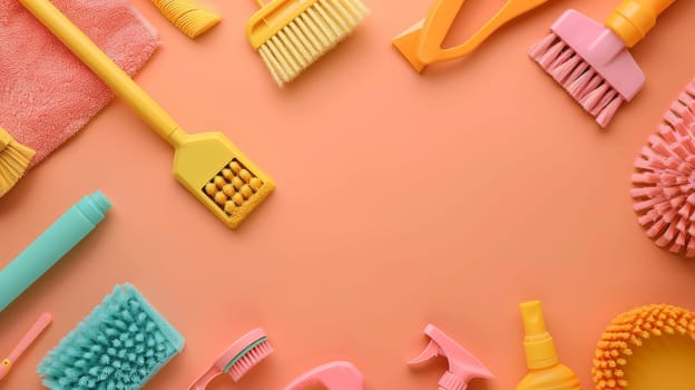 A row of pink cleaning tools including a toothbrush, a scrub brush, and a sponge. Concept of cleanliness and organization