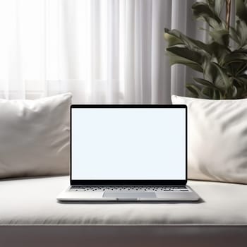 Open modern laptop with blank white screen on table in cozy room interior, mockup. Empty laptop screen on table in modern room interior, mockup
