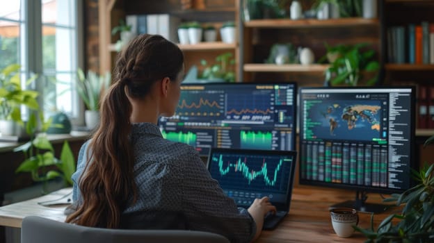 A young woman is sitting at her desk, typing on the keyboard of an open laptop in front of two monitors displaying charts and graphs. She has long brown hair tied back with a low ponytail and wears casual attire. The room features wooden furniture and plants. There is a coffee mug next to the desk. --ar 16:9 --style raw --stylize 250 Job ID: 9d066a53-7f1b-485f-b3b8-686902c7c2e3