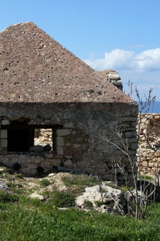 Fortezza fortress castle in Crete island Rethimno holidays exploring the old ancient stone city monuments close up summer background carnival season high quality big size printings