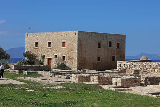 Fortezza fortress castle in Crete island Rethimno holidays exploring the old ancient stone city monuments close up summer background carnival season high quality big size printings