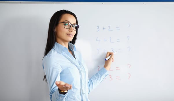 Woman teacher standing at blackboard with formulas and explaining information. Math lessons for children concept