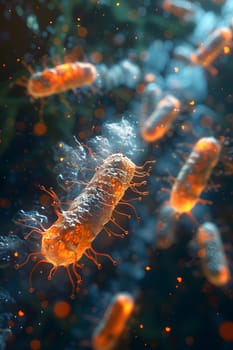 A computer generated image of a group of bacteria underwater in an orange liquid environment, showcasing marine biology. The bacteria emit gas bubbles, surrounded by electric blue fish in the heat